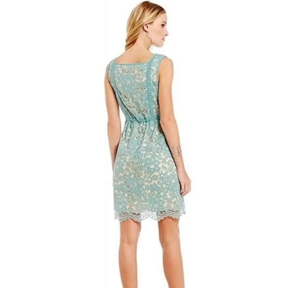 Chelsea & Violet Teal Lace Dress Nude Lined Sleeveless Square Neck Fit Flare XS - Picture 2 of 16